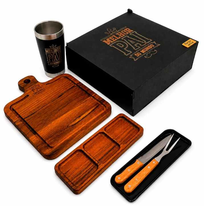 Kit Teca Dia dos Pais completo com caixa, tábua, copo e utensílios